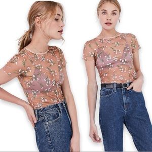 Pink Sheer Embroidered Short Sleeve Tee